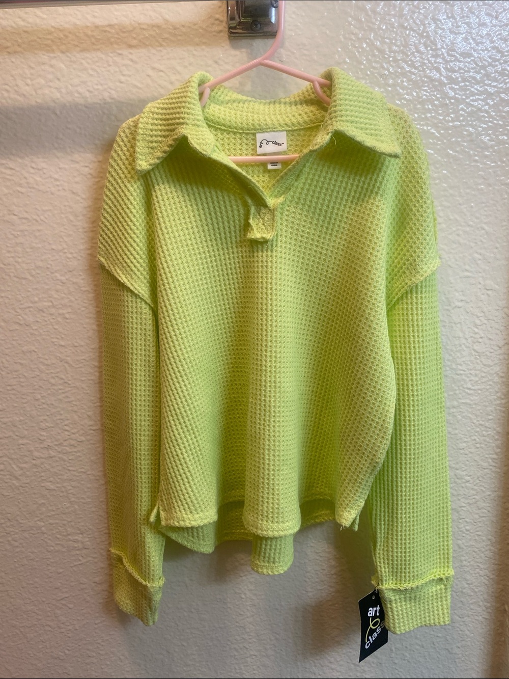 Neon Lime Waffle Knit Collared Pullover - Picture 2 of 4